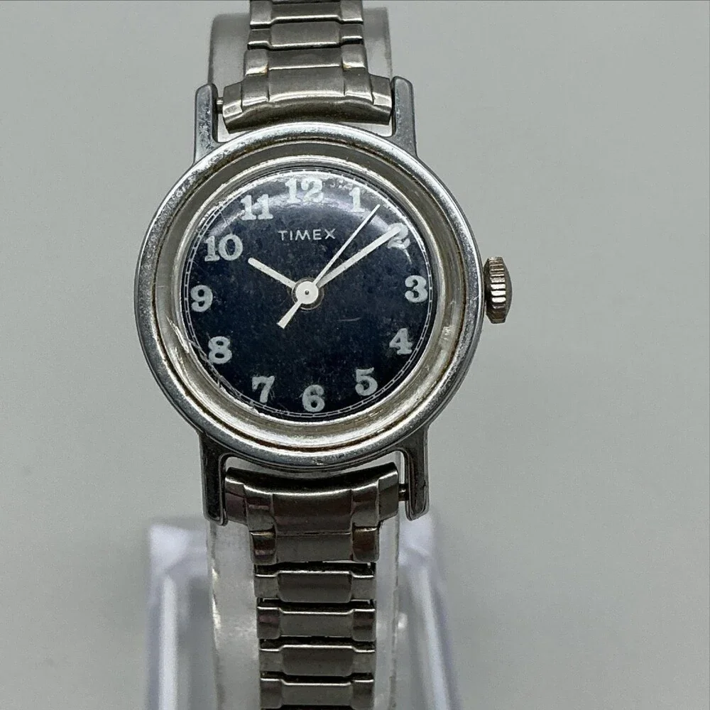Vintage Timex Womens Watch 25mm Black Dial Stainless Bracelet Manual Wind